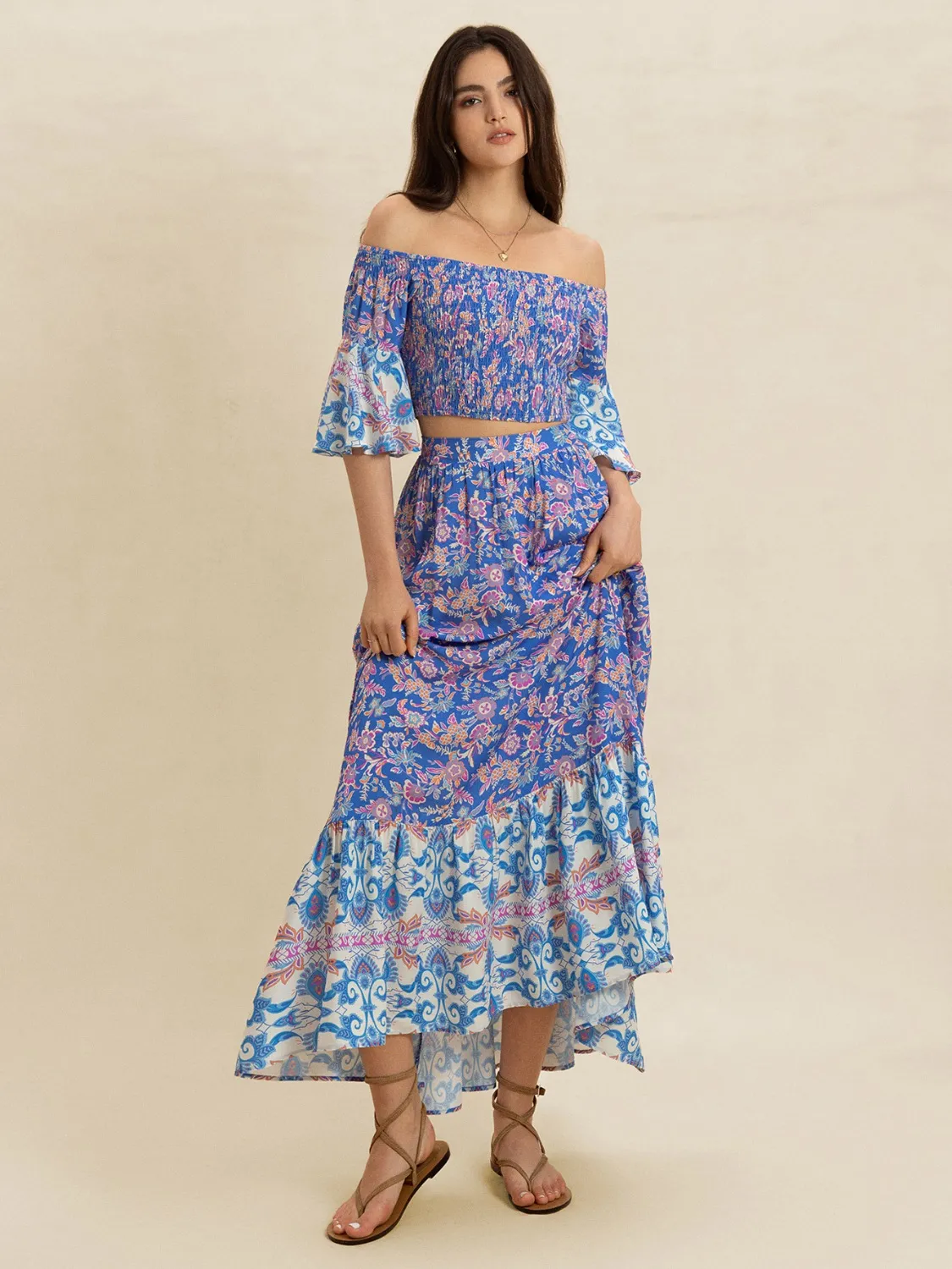 Smocked Off-Shoulder Printed Top and Skirt Set - Image 2