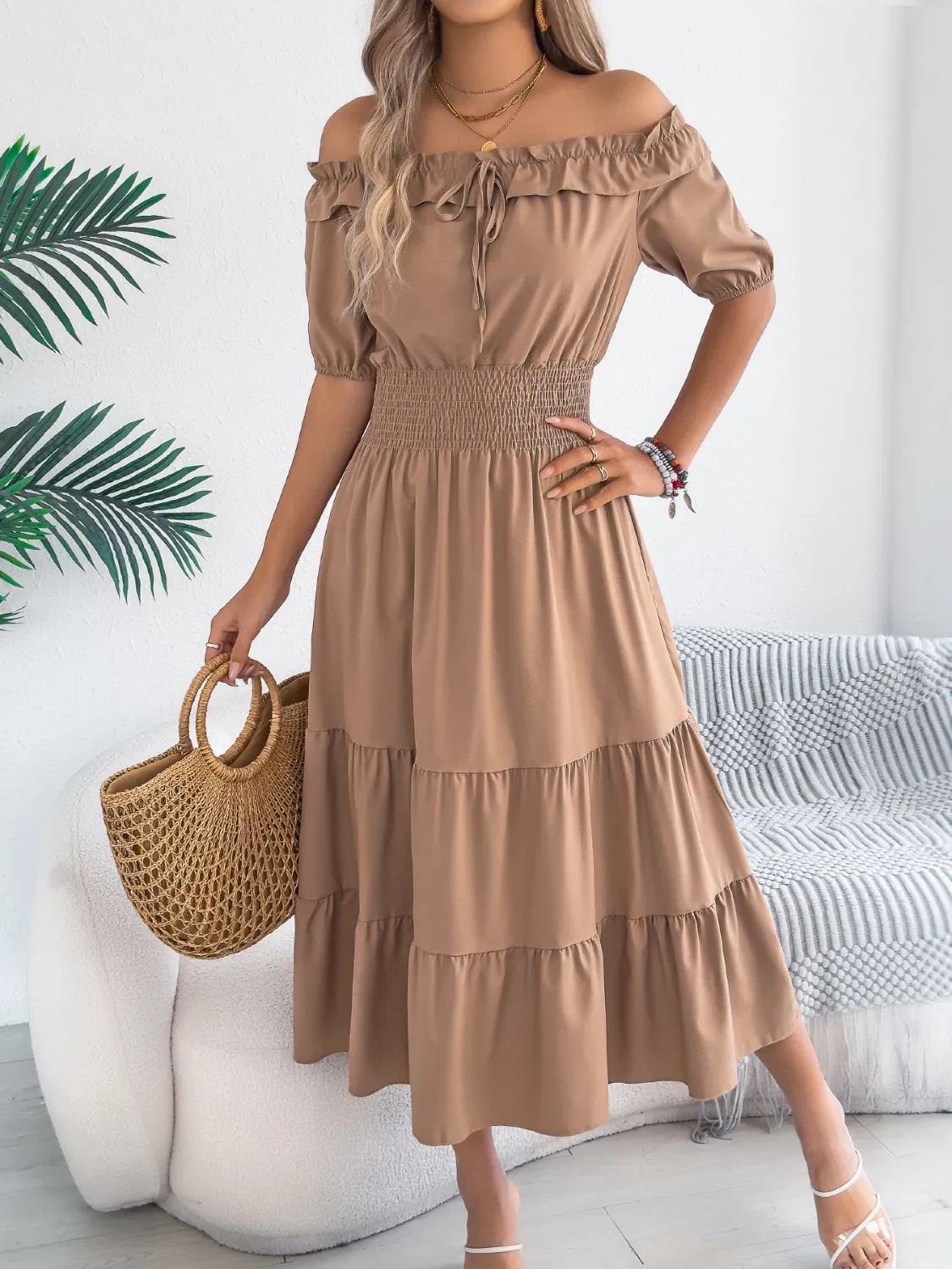 Smocked Off-Shoulder Tiered Dress - Image 12