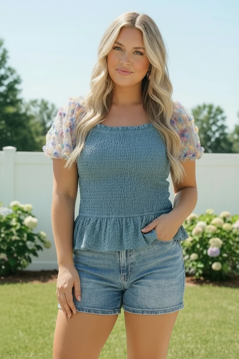 Smocked Peplum Top with Floral Puff Sleeves - Image 4