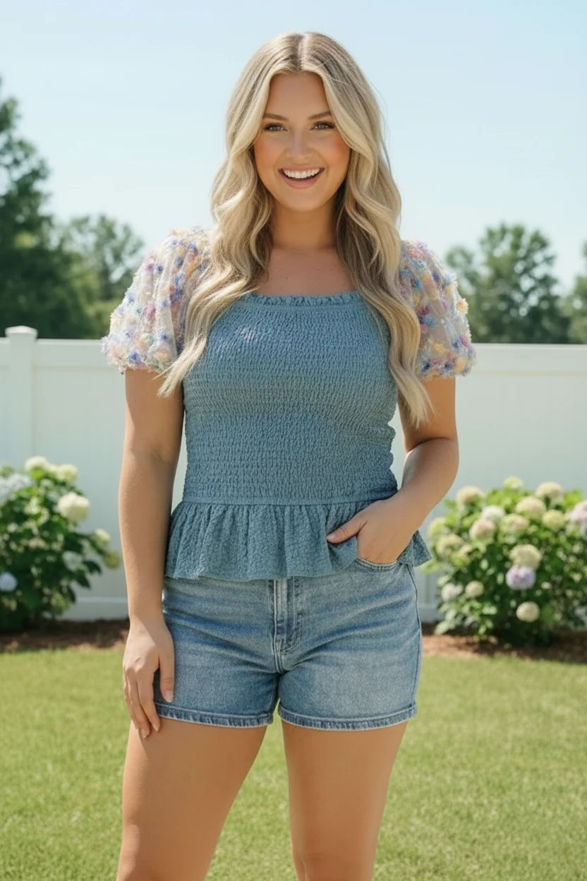Smocked Peplum Top with Floral Puff Sleeves - Image 6
