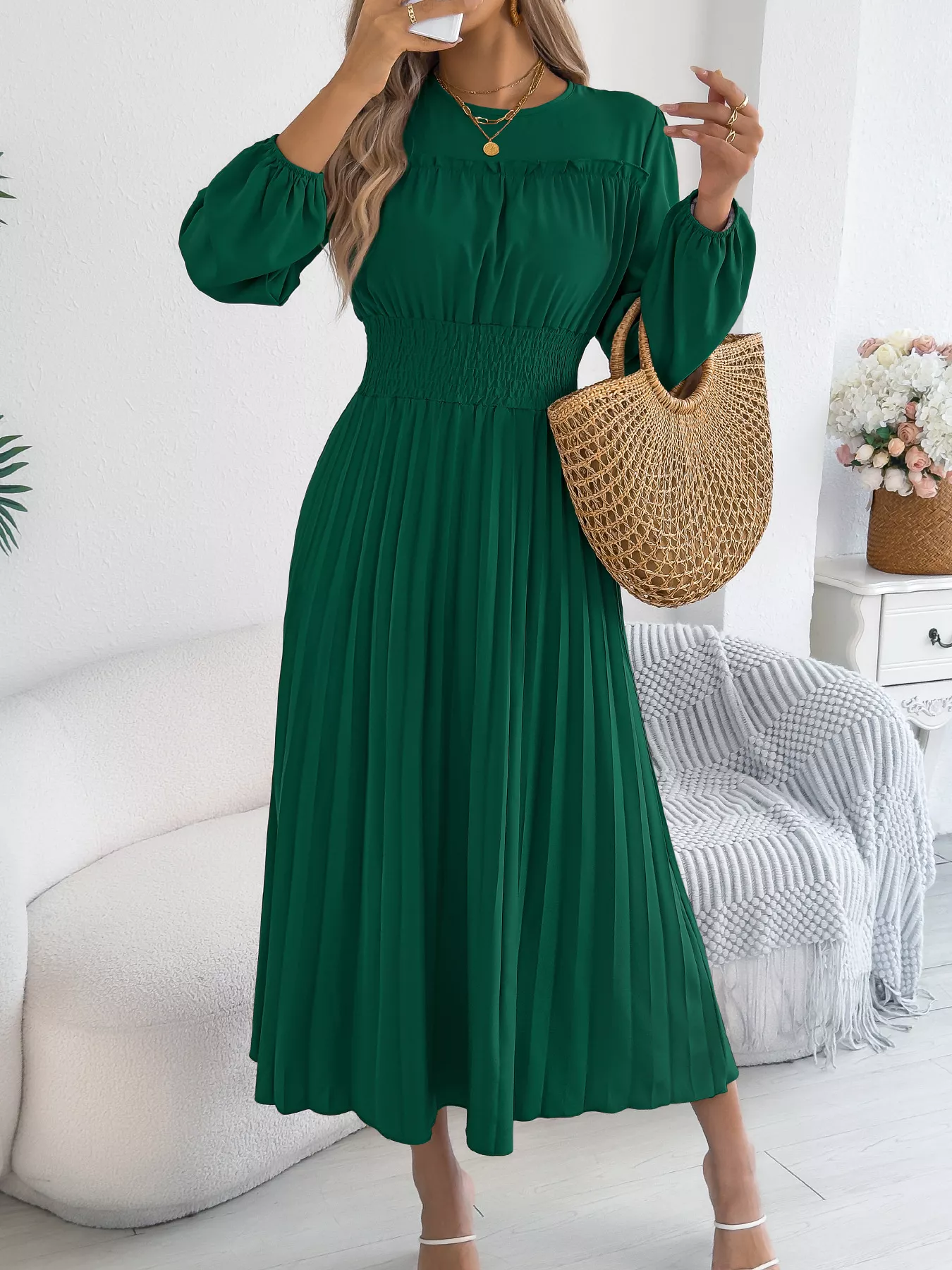 Smocked Pleated Long Sleeve Midi Dress - Image 12
