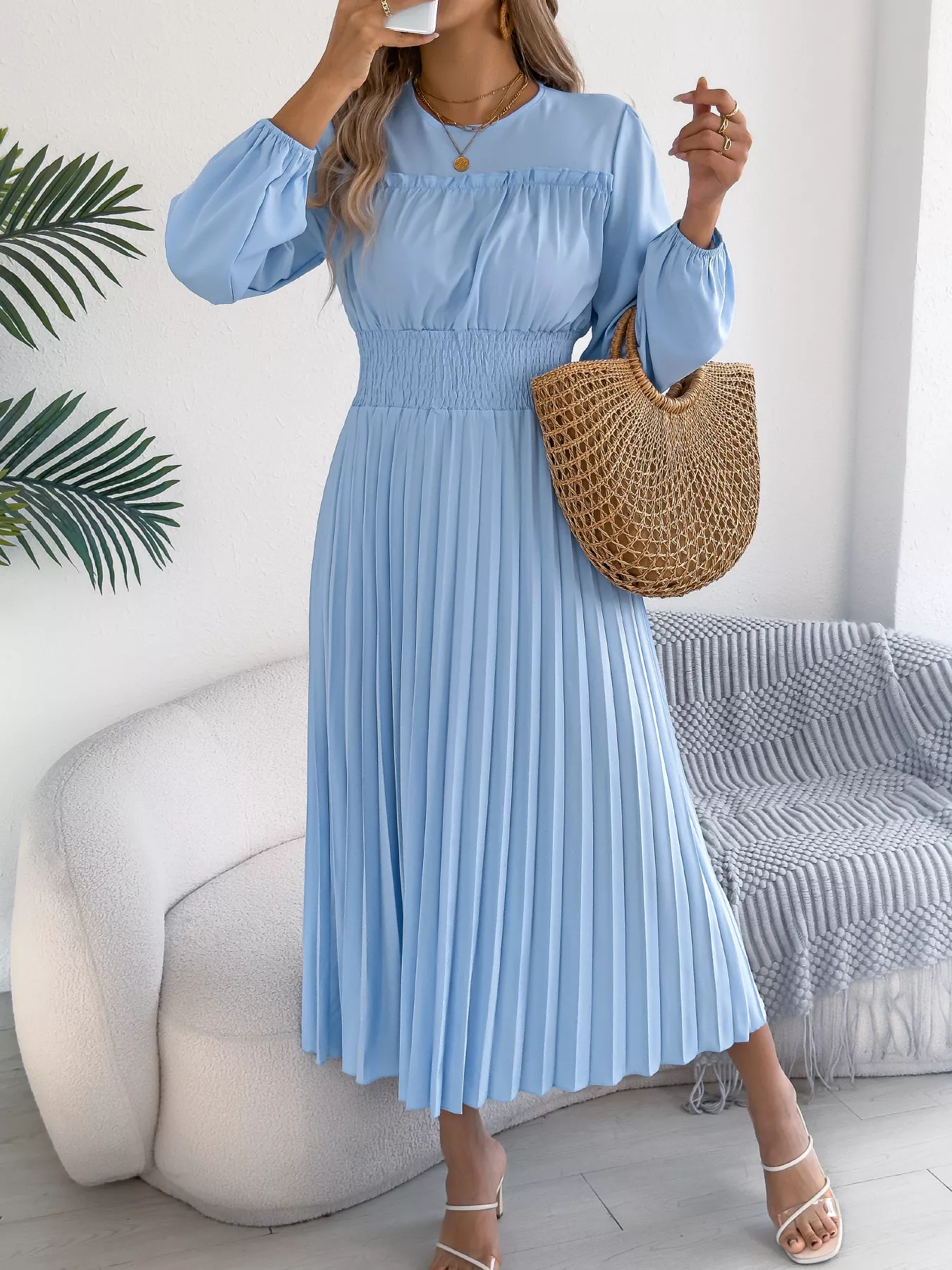 Smocked Pleated Long Sleeve Midi Dress - Image 15