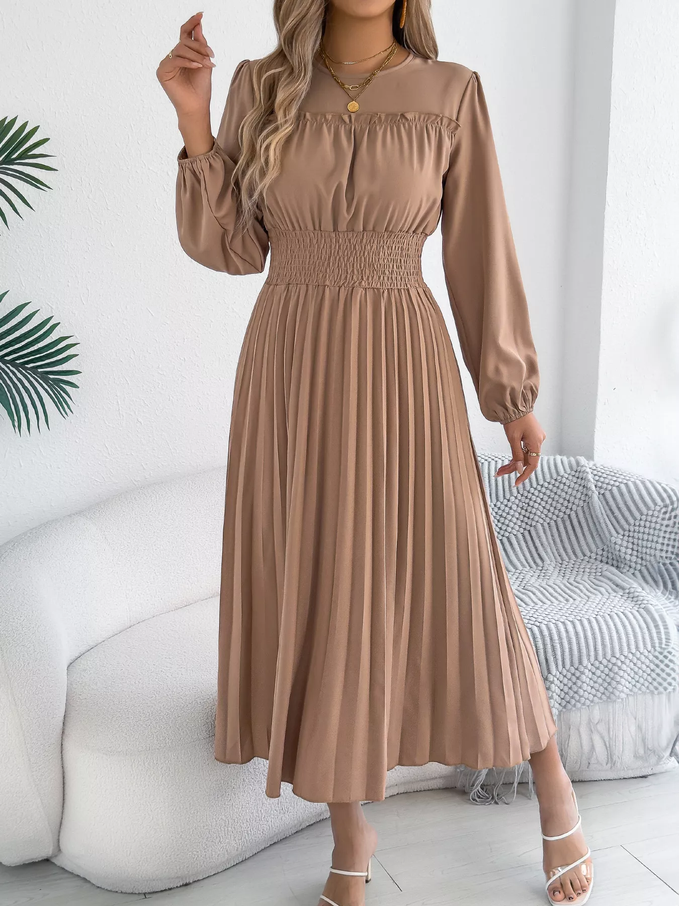 Smocked Pleated Long Sleeve Midi Dress - Image 2