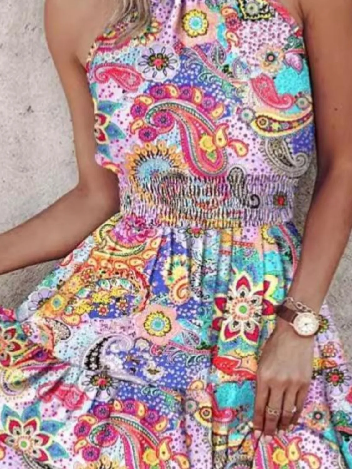 Smocked Printed Halter Neck Mini Dress - Image 3