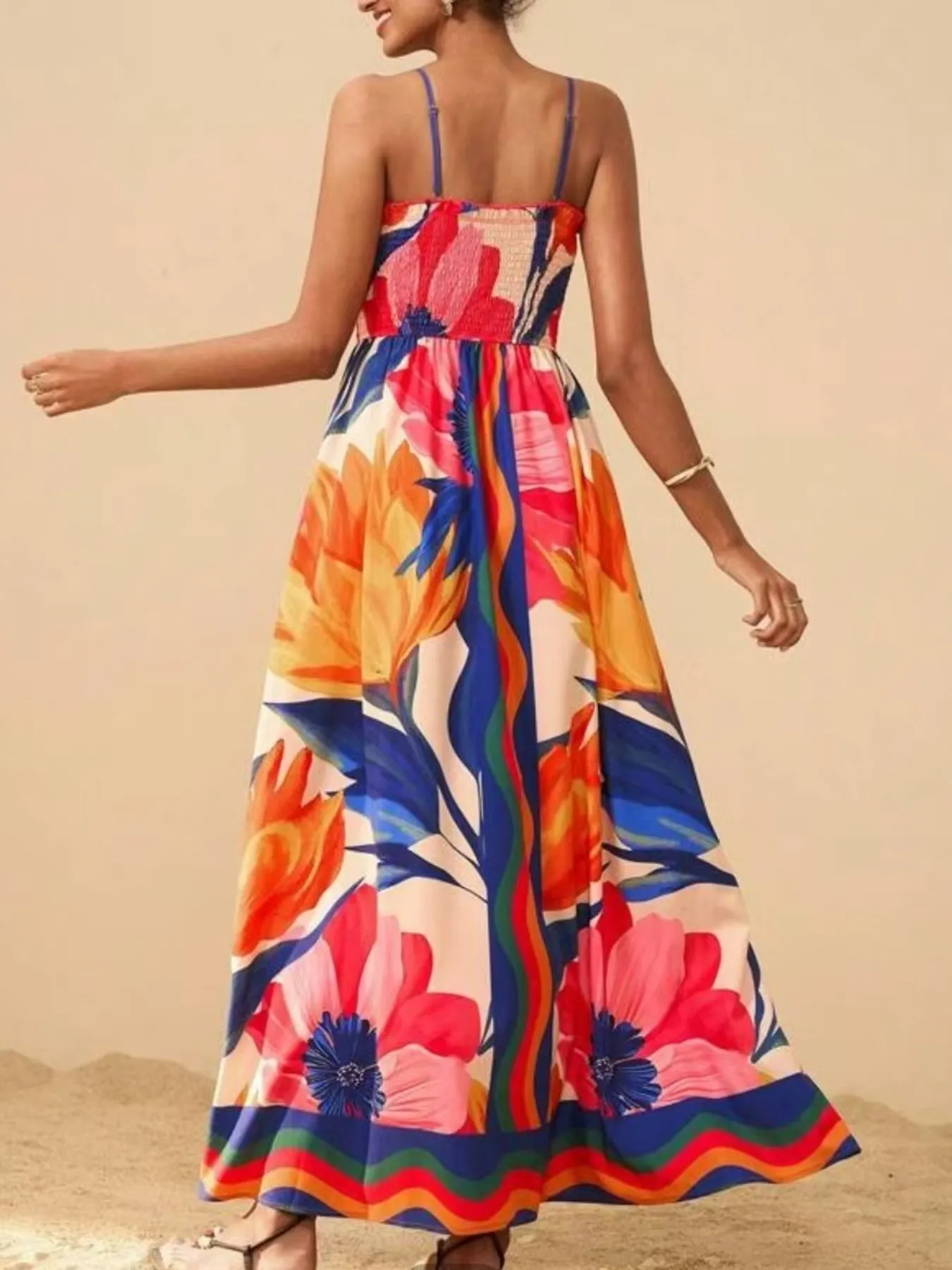 Smocked Printed Spaghetti Strap Maxi Summer Dress - Image 3