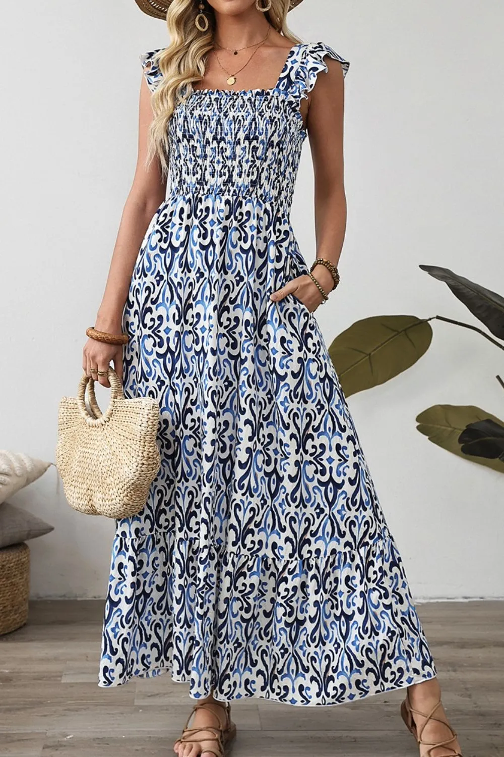 Smocked Printed Square Neck Dress - Image 3