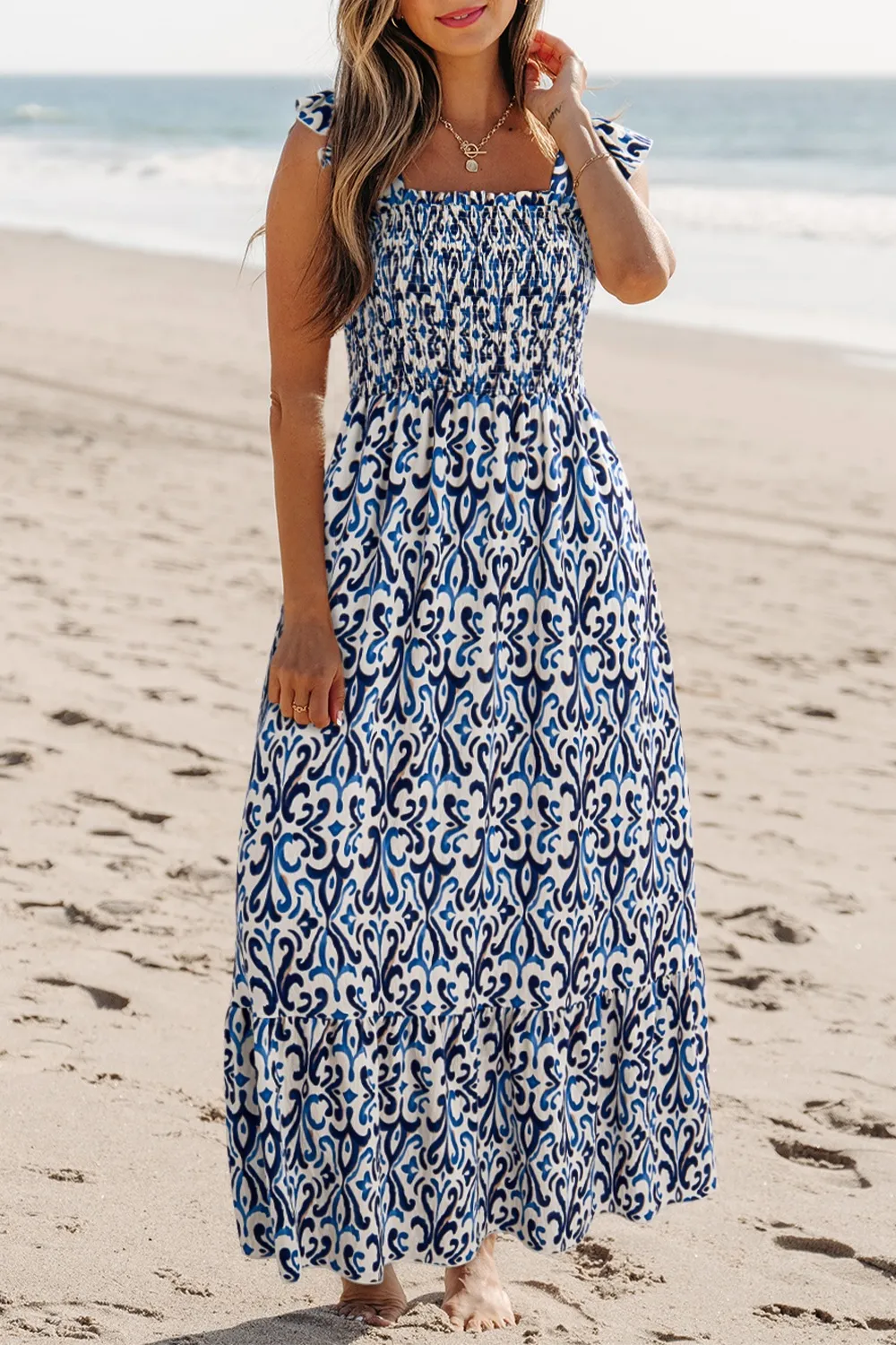 Smocked Printed Square Neck Dress - Image 7