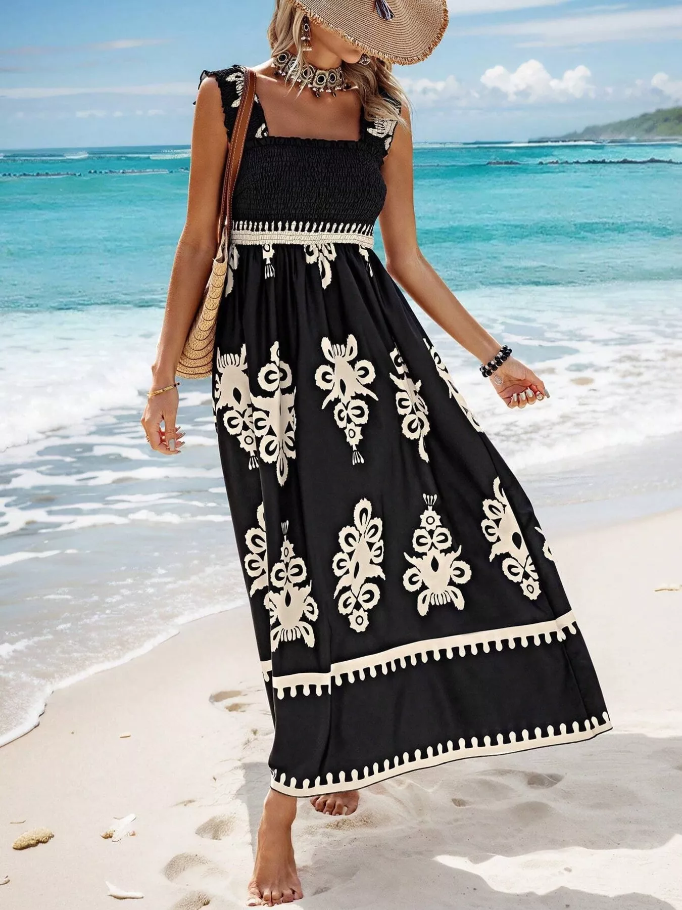 Smocked Printed Square Neck Maxi Dress - Image 16