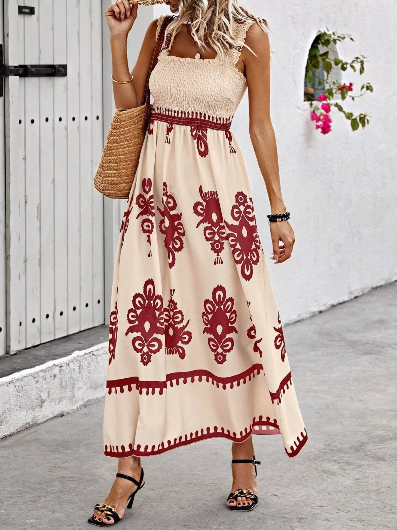 Smocked Printed Square Neck Maxi Dress - Image 27
