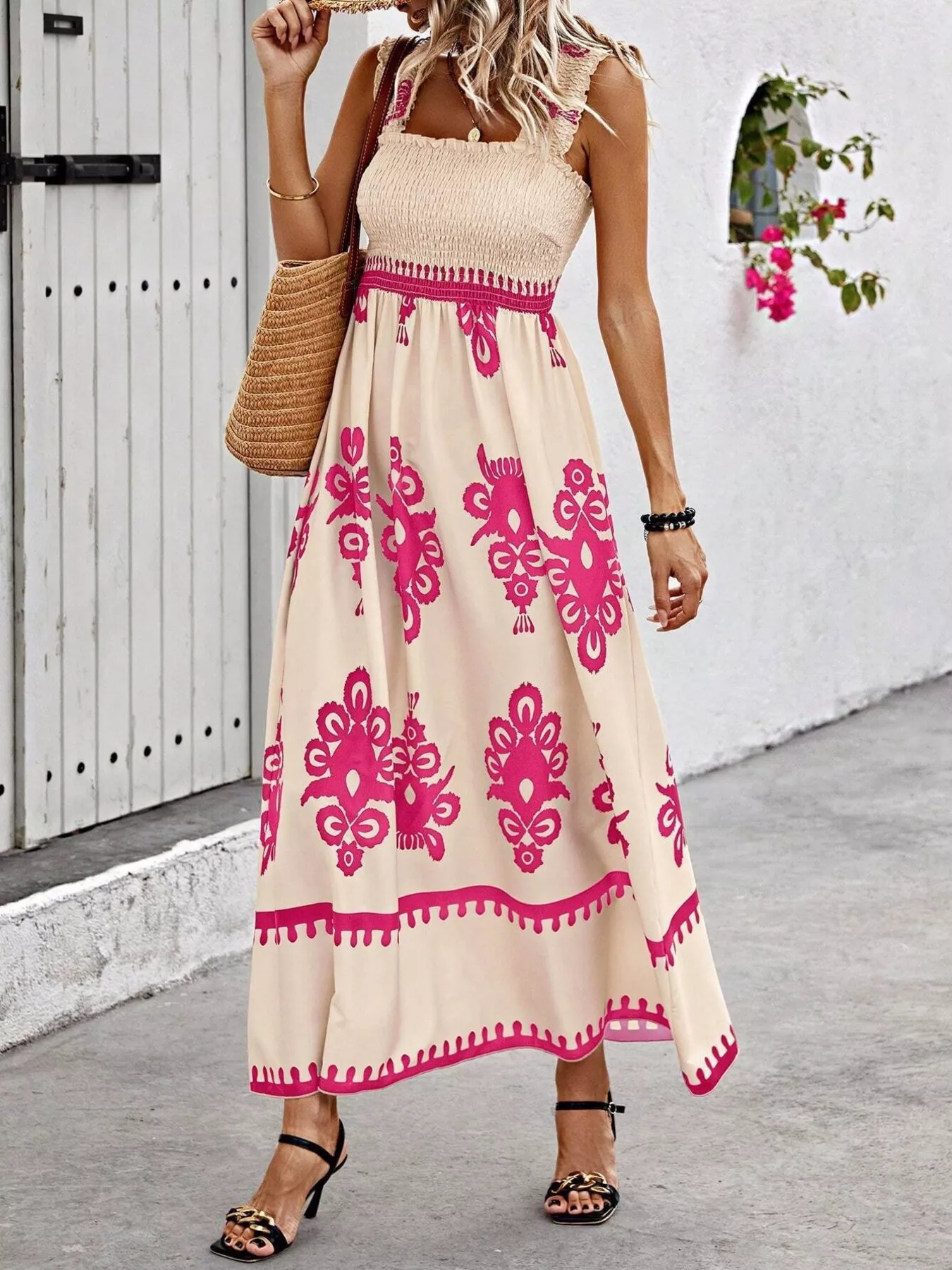 Smocked Printed Square Neck Maxi Dress - Image 5
