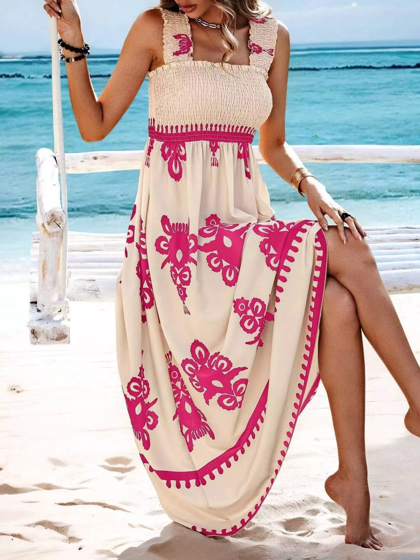 Smocked Printed Square Neck Maxi Dress - Image 7
