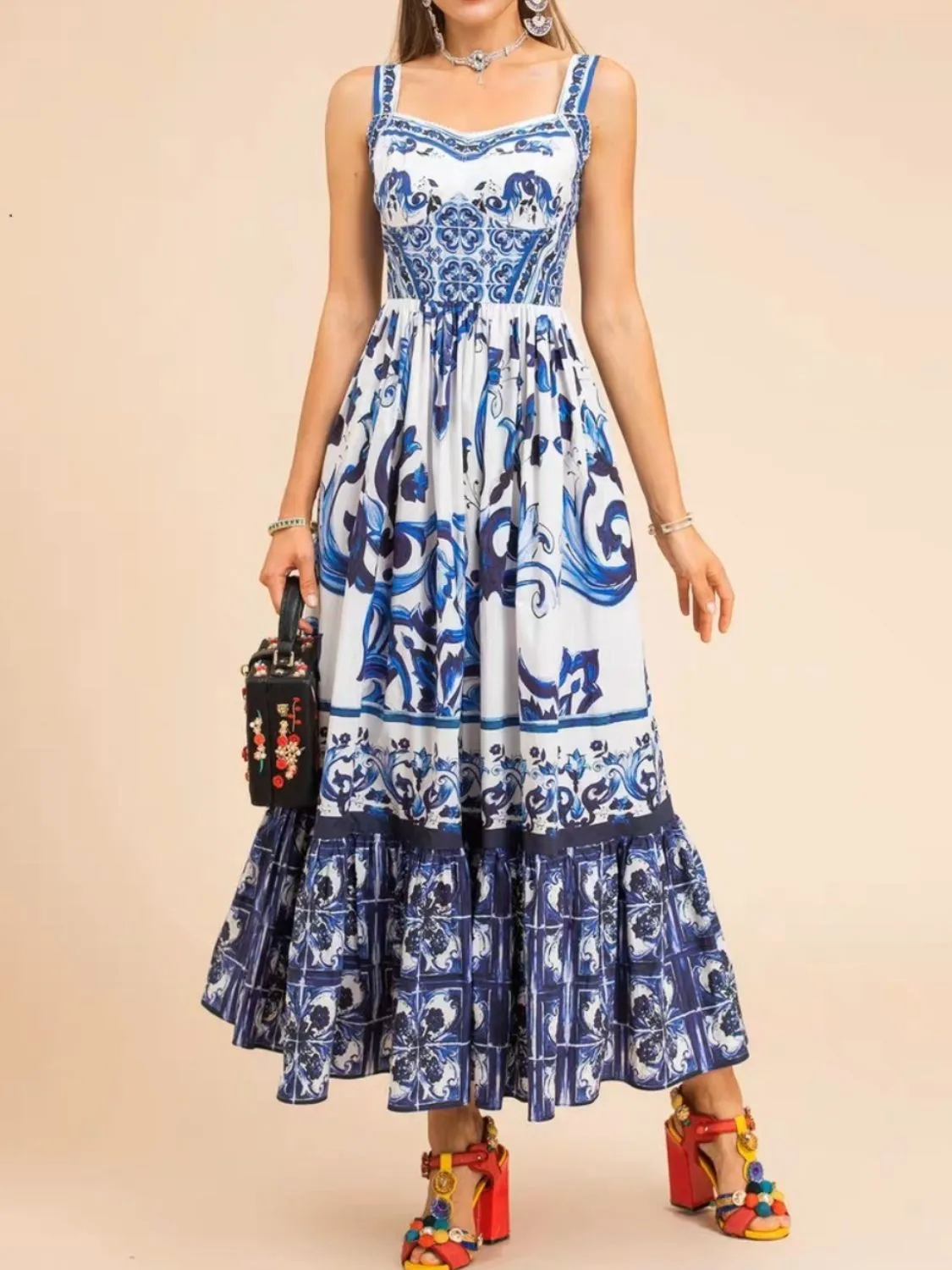 Smocked Printed Wide Strap Dress - Image 3