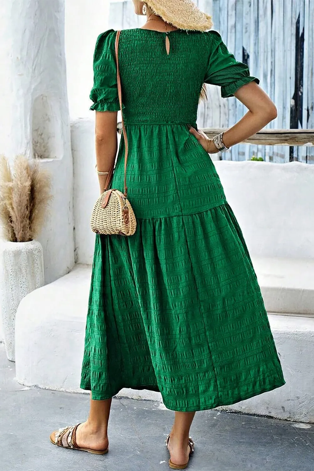 Smocked Puff Sleeve Midi Dress - Image 2
