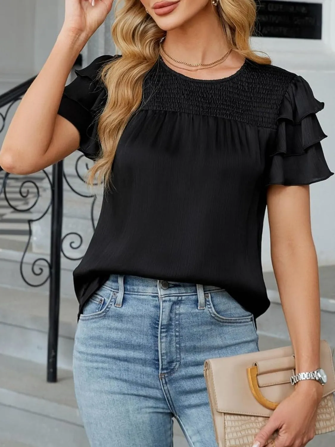 Smocked Round Neck Ruffled Layered Sleeve Blouse - Image 19