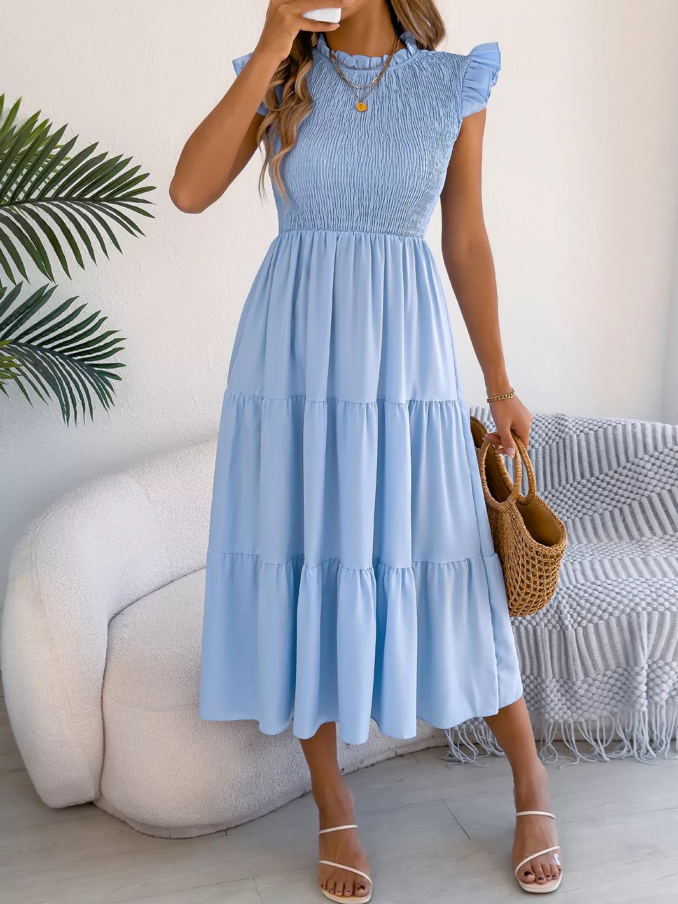 Smocked Ruffled Cap Sleeve Dress - Image 11