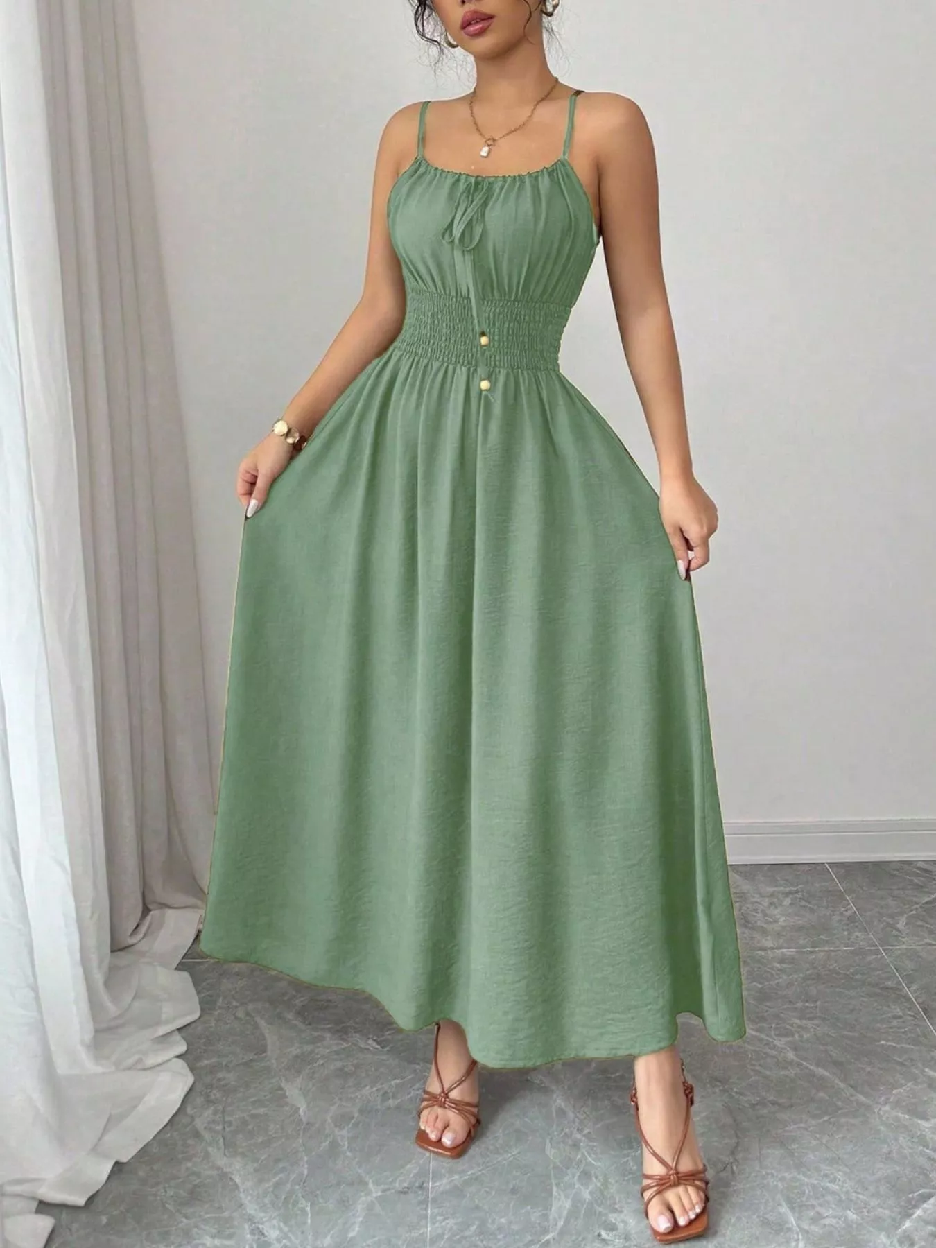 Smocked Spaghetti Strap Midi Dress - Image 2