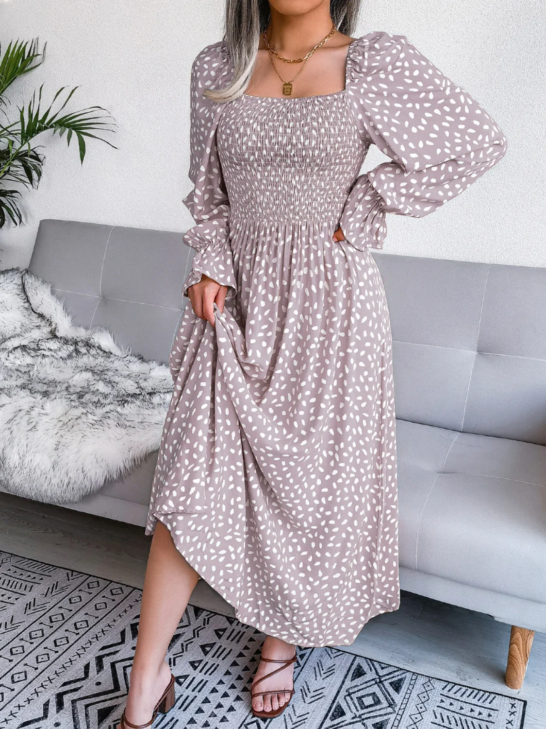 Smocked Square Neck Flounce Sleeve Dress - Image 13