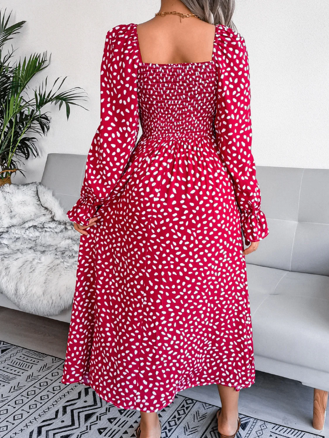 Smocked Square Neck Flounce Sleeve Dress - Image 7