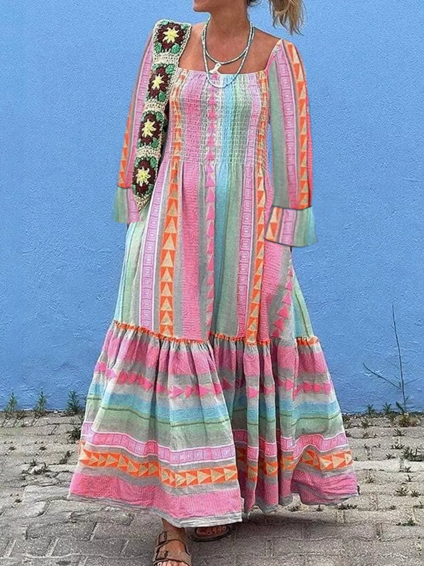 Smocked Square Neck Flounce Sleeve Maxi Dress - Image 2