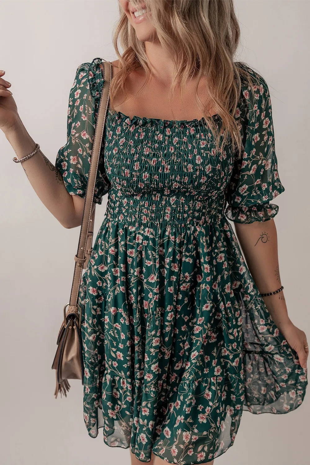 Smocked Square Neck Puff Short Sleeve Floral Dress - Image 3