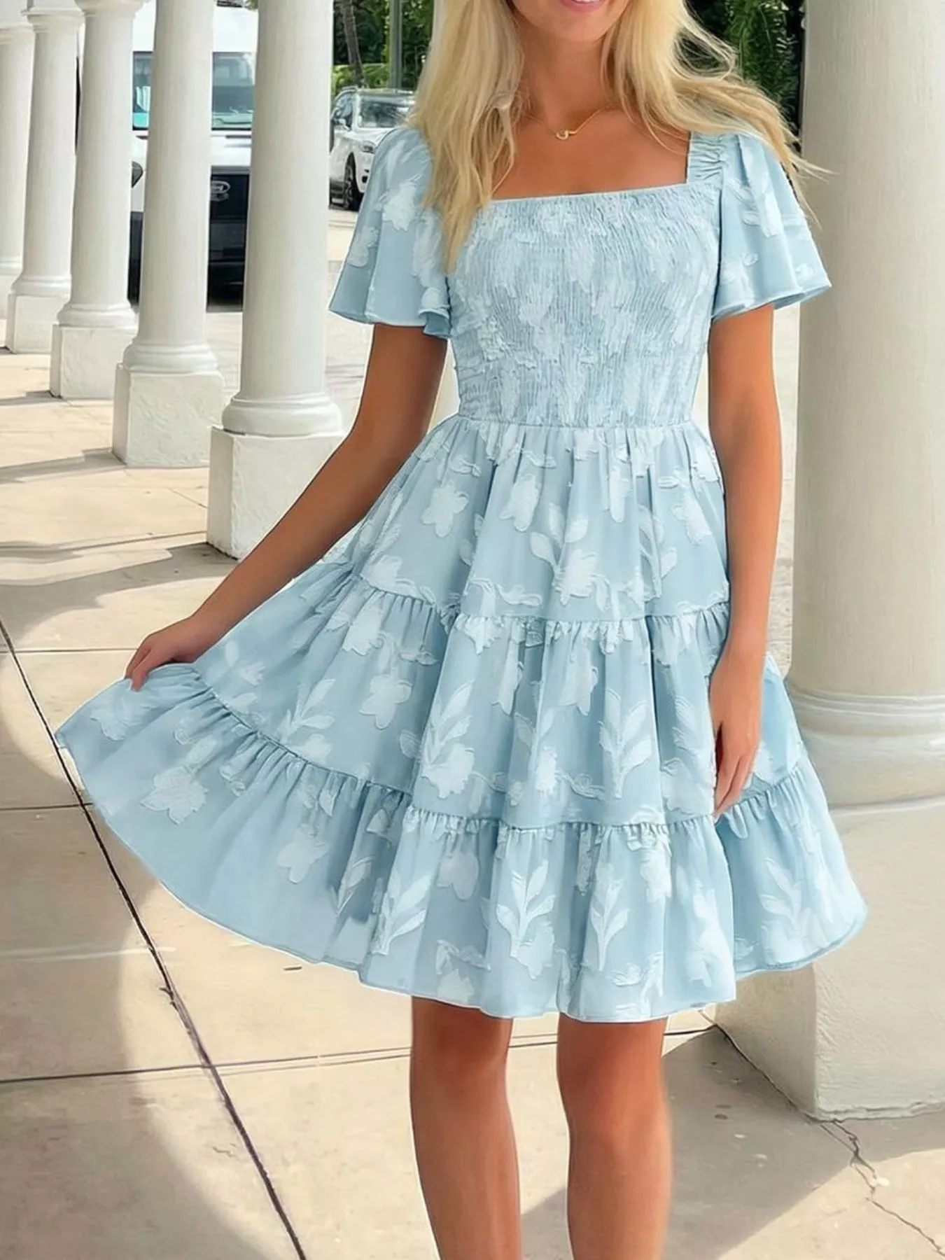 Smocked Square Neck Tiered Mini Dress - Image 4