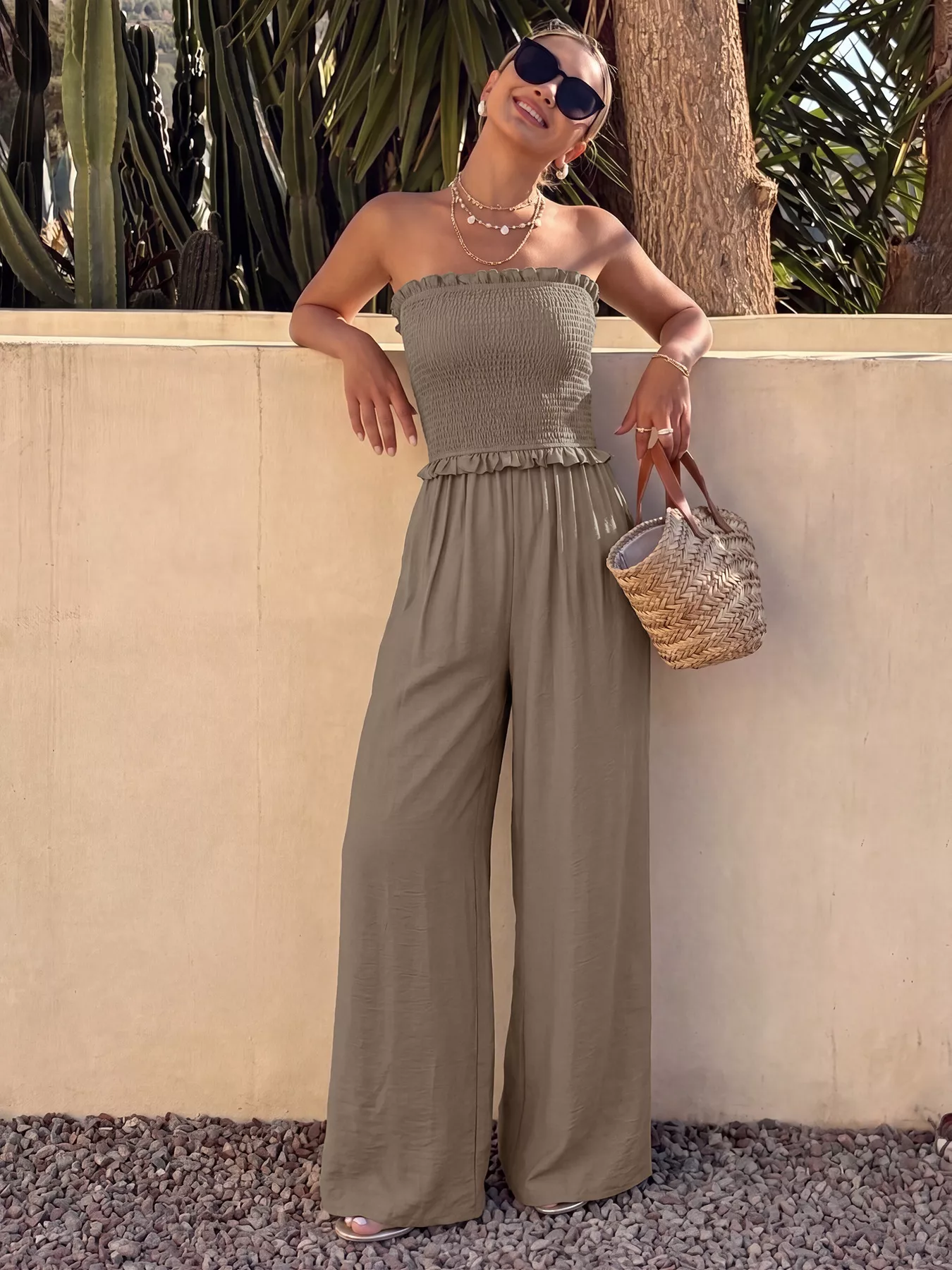 Smocked Strapless Wide Leg Jumpsuit - Image 3