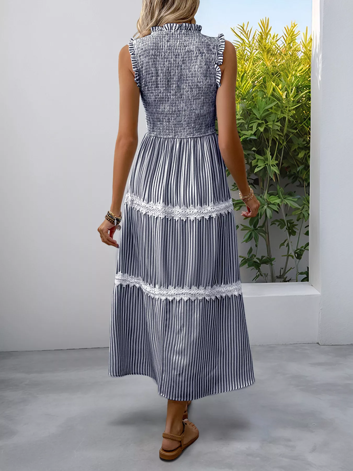 Smocked Striped Lace Trim Sleeveless Midi Dress - Image 13
