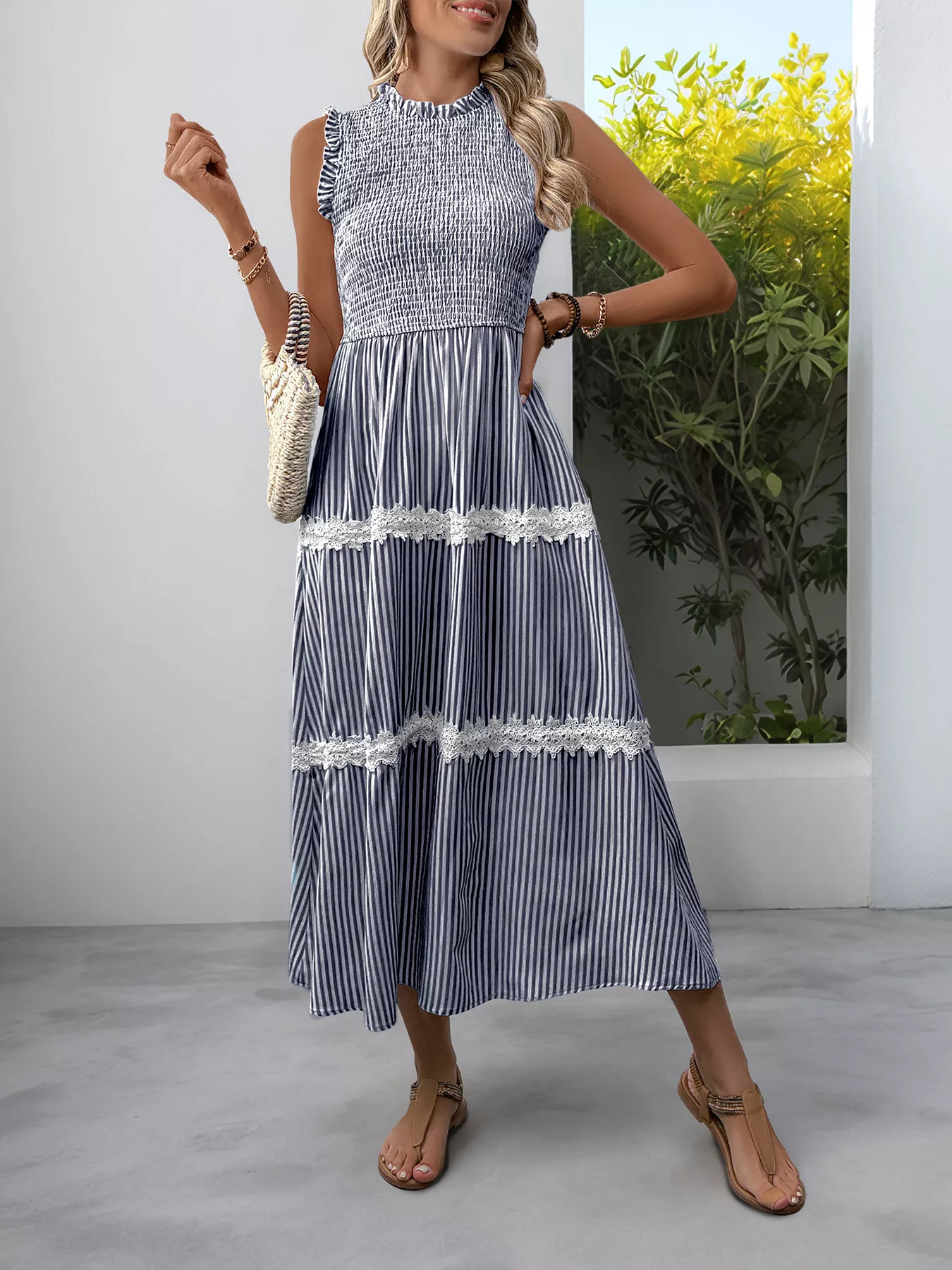 Smocked Striped Lace Trim Sleeveless Midi Dress - Image 8