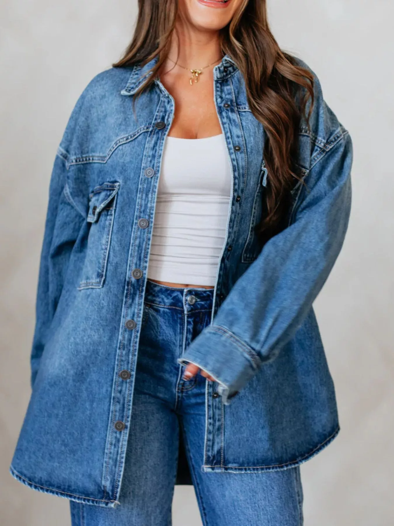 Snap Down Dropped Shoulder Denim Jacket - Image 4