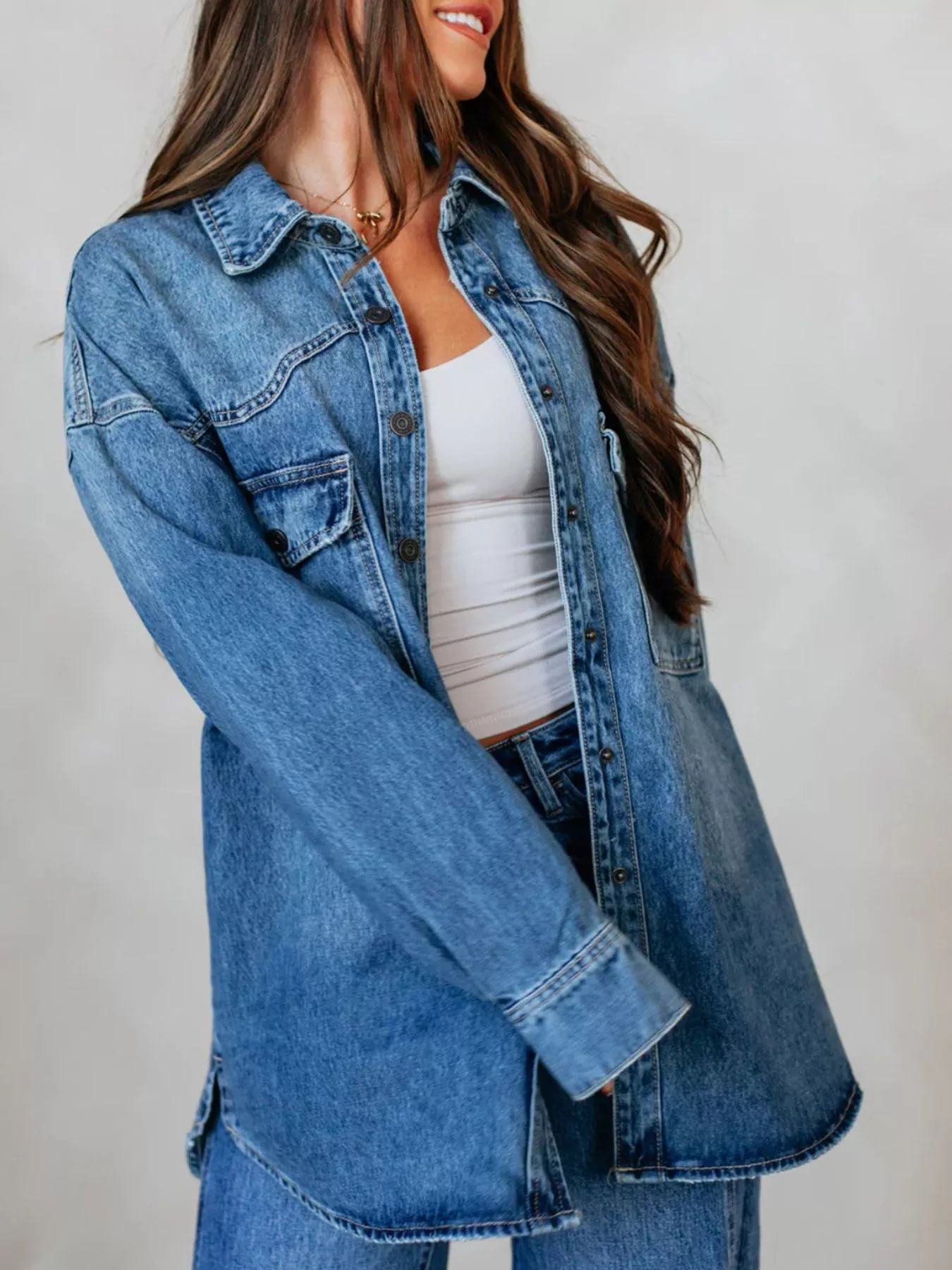 Snap Down Dropped Shoulder Denim Jacket - Image 5