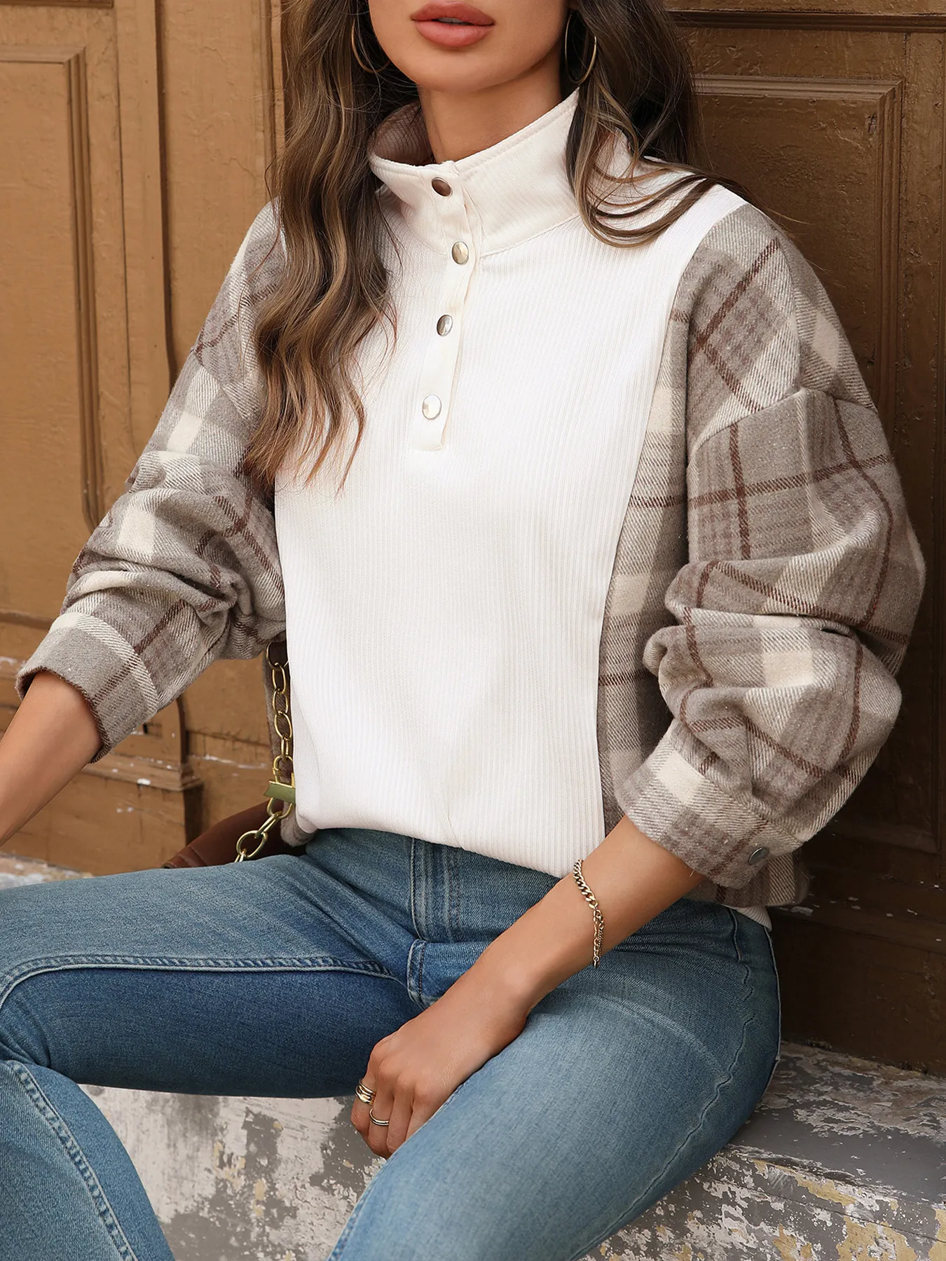 Snap Down Plaid Long Sleeve Sweatshirt - Image 4
