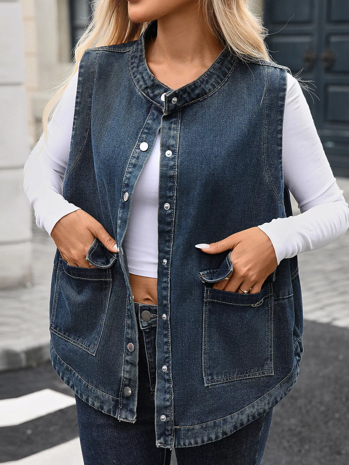 Snap Down Sleeveless Denim Jacket - Image 10