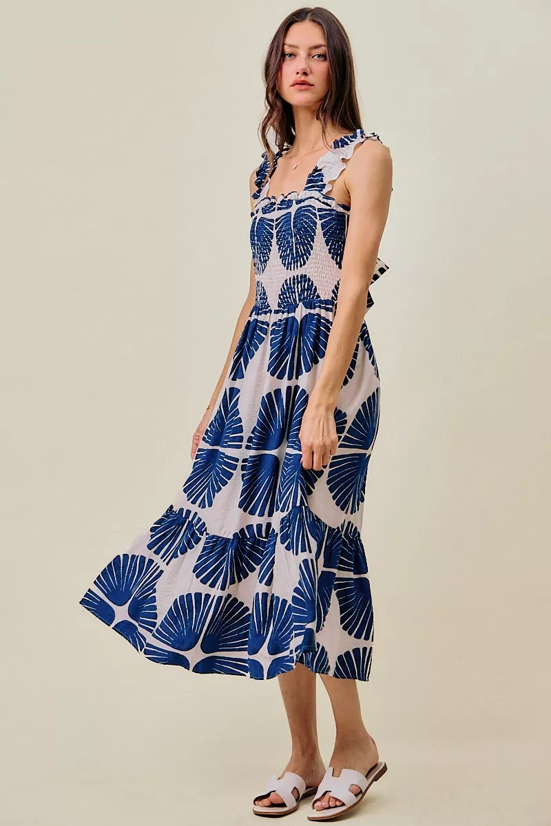 SO ME Abstract Print Smocked Bodice Tiered Lined Midi Dress - Image 10
