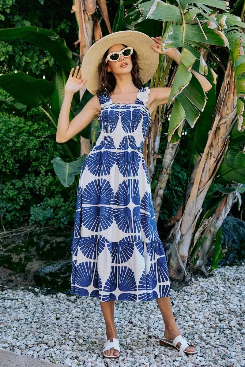 SO ME Abstract Print Smocked Bodice Tiered Lined Midi Dress - Image 19