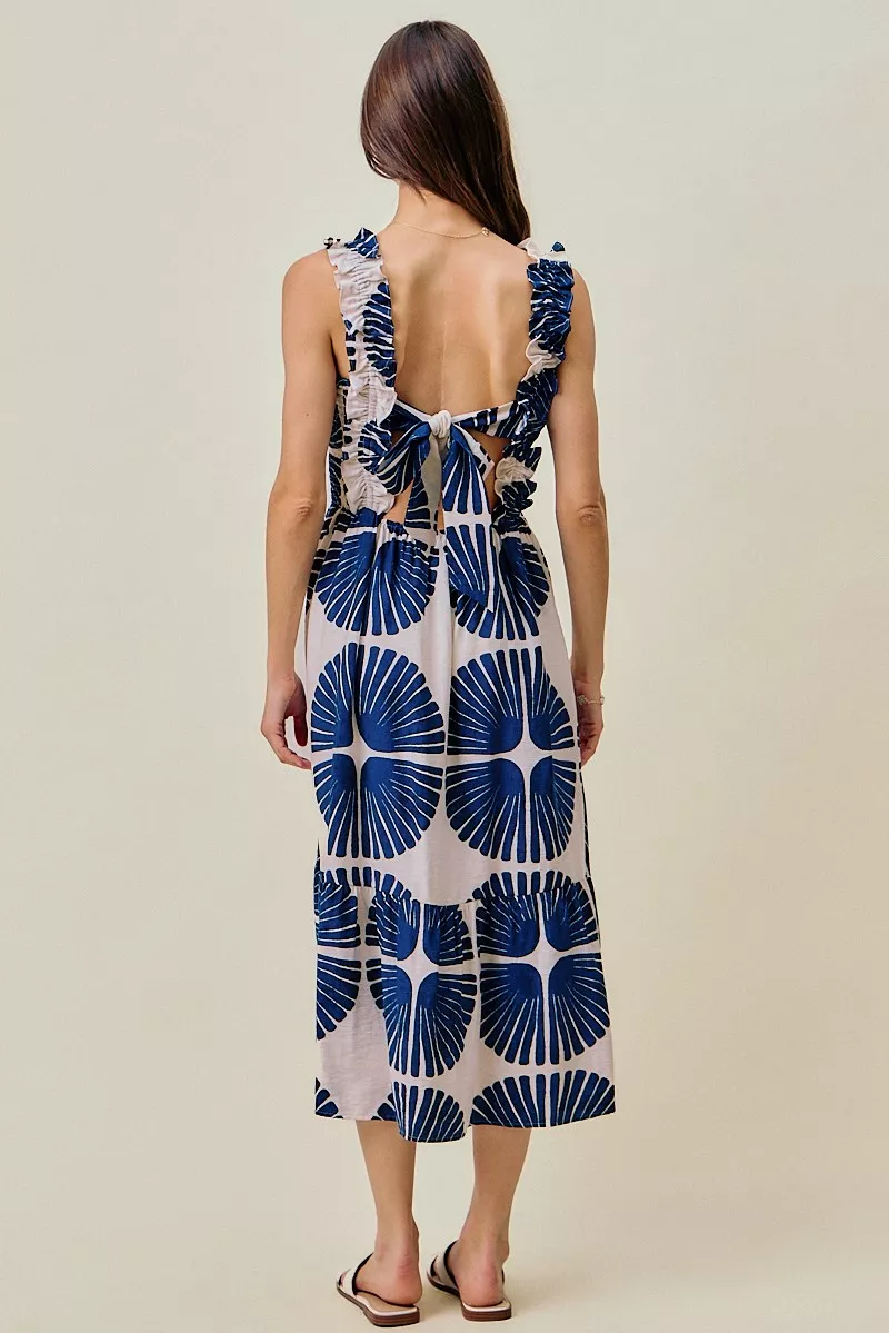 SO ME Abstract Print Smocked Bodice Tiered Lined Midi Dress - Image 3