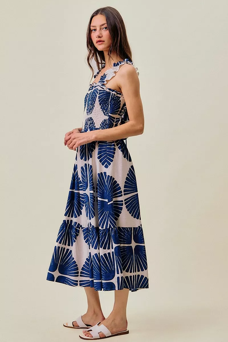 SO ME Abstract Print Smocked Bodice Tiered Lined Midi Dress - Image 7