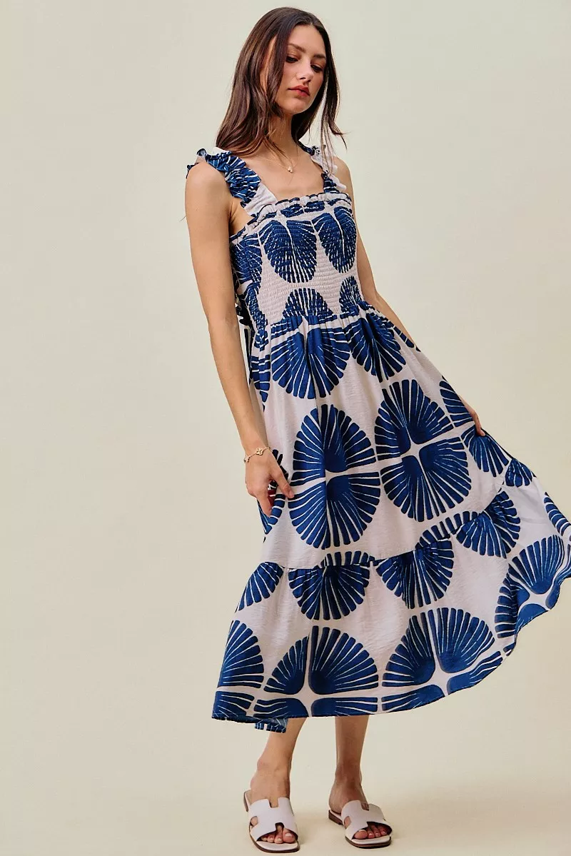 SO ME Abstract Print Smocked Bodice Tiered Lined Midi Dress - Image 8
