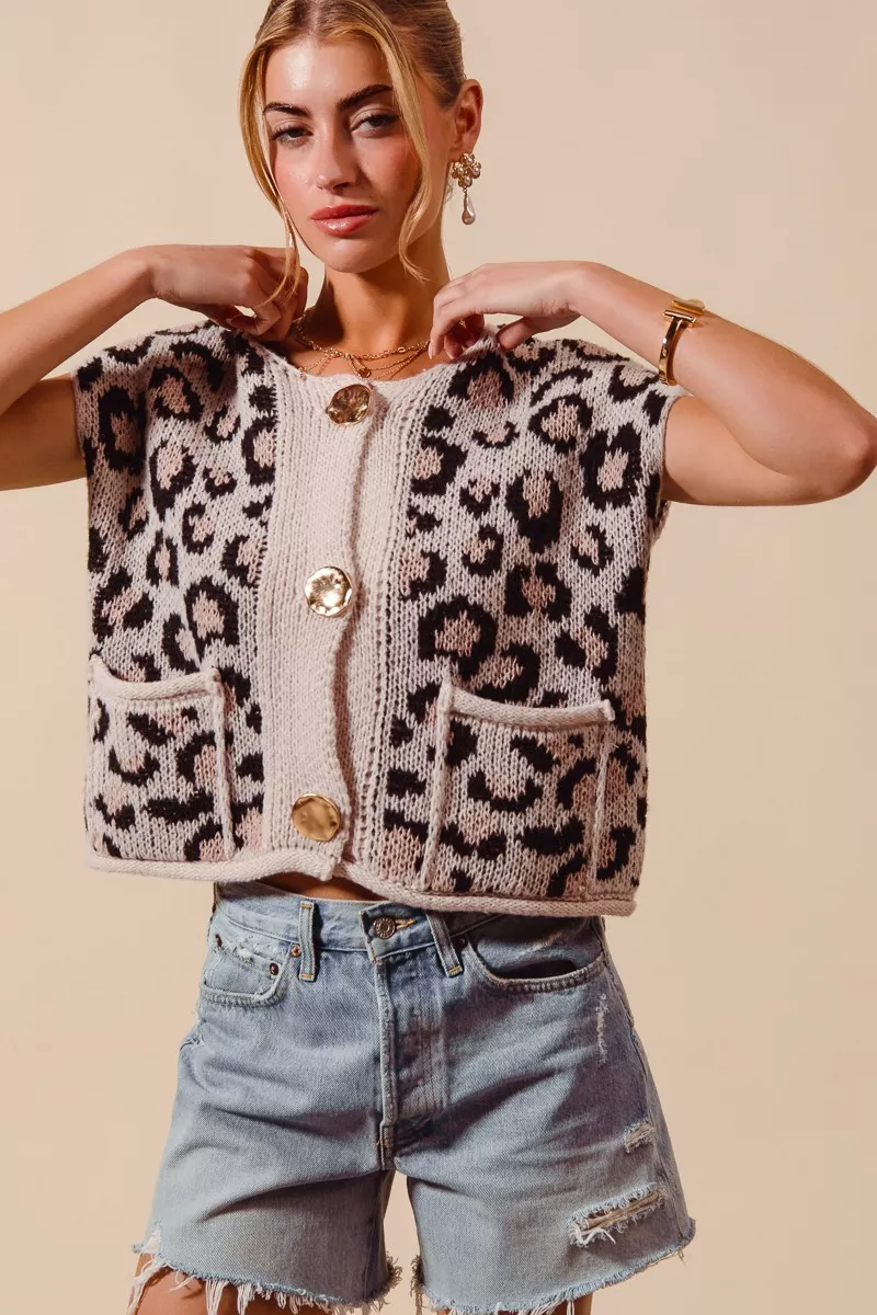 SO ME Big Metal Button Front Leopard Sweater Vest Top - Image 2