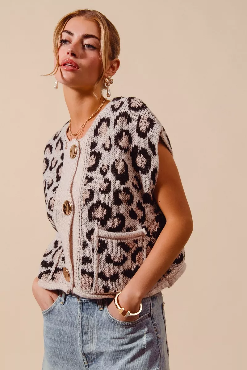 SO ME Big Metal Button Front Leopard Sweater Vest Top - Image 5
