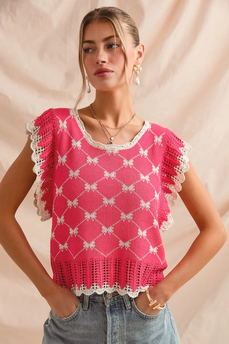 SO ME Bow Ribbon Pattern Sweater Top with Back Key Hole - Image 3