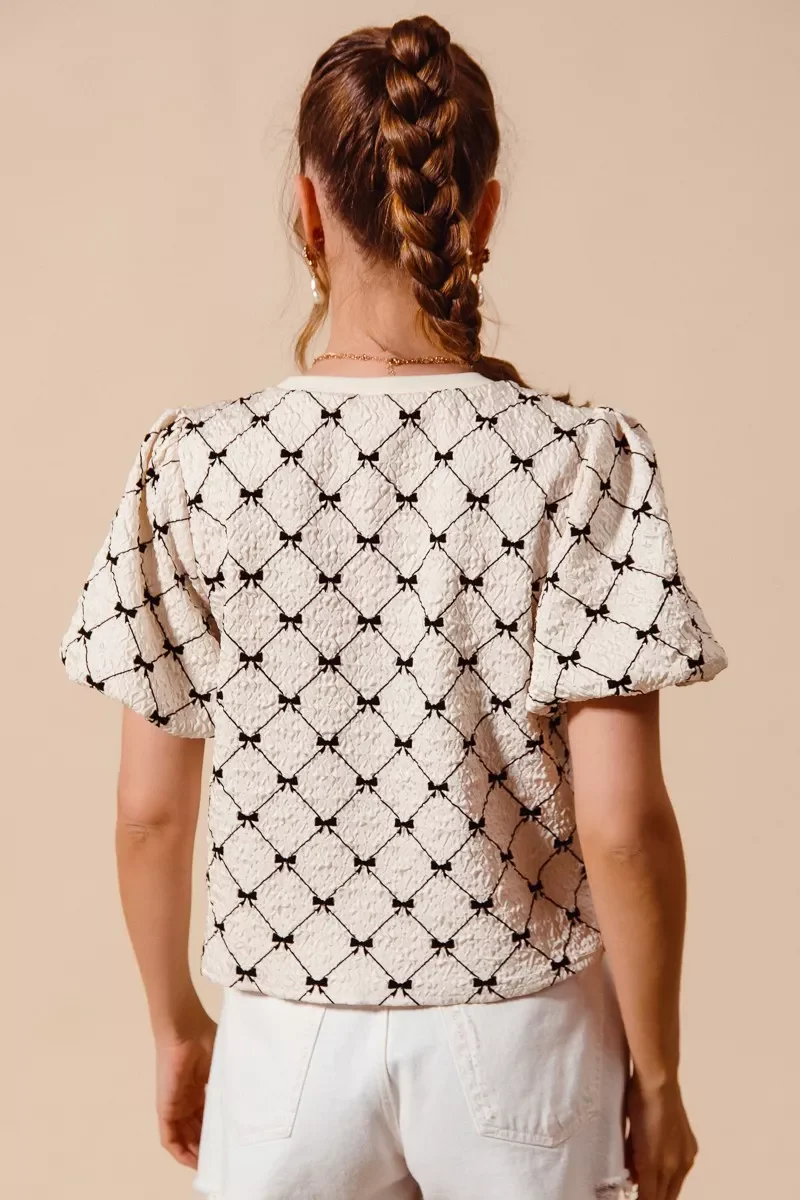 SO ME Bow Texture Woven Bubble Sleeve Top - Image 8