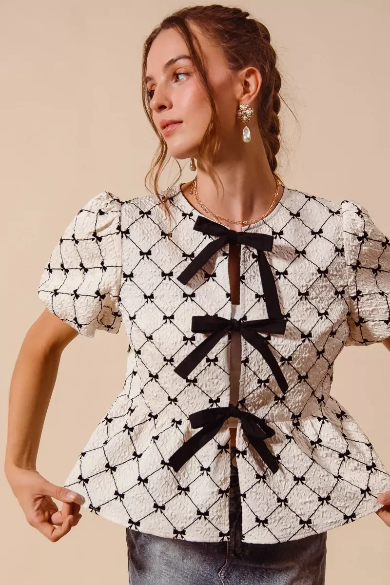 SO ME Bow Texture Woven Peplum Top With Contrast Tie - Image 10