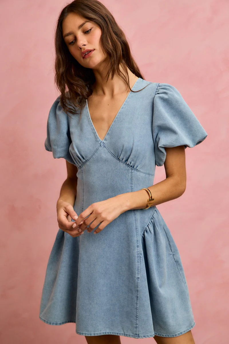 SO ME Bubble Sleeves Denim Fit And Flare Mini Dress - Image 4