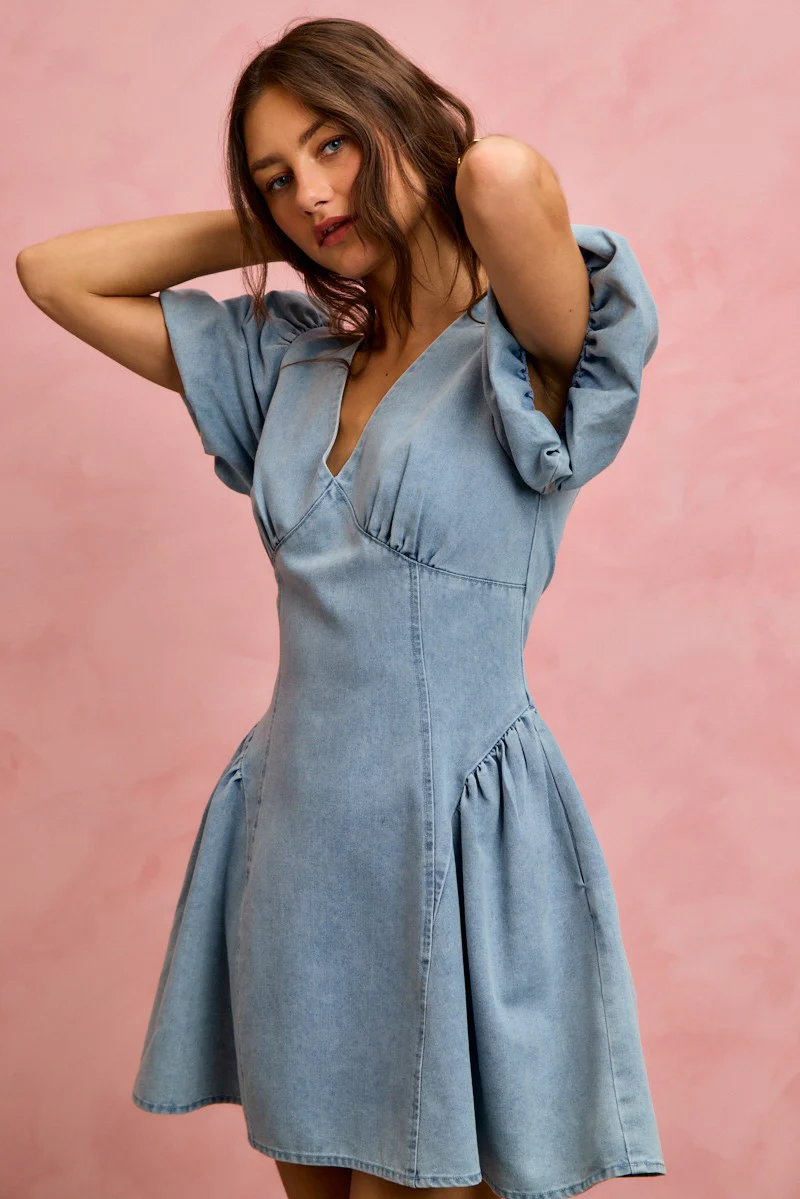 SO ME Bubble Sleeves Denim Fit And Flare Mini Dress - Image 5