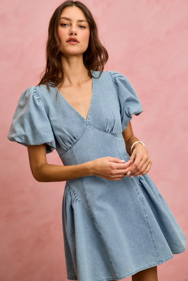 SO ME Bubble Sleeves Denim Fit And Flare Mini Dress - Image 6