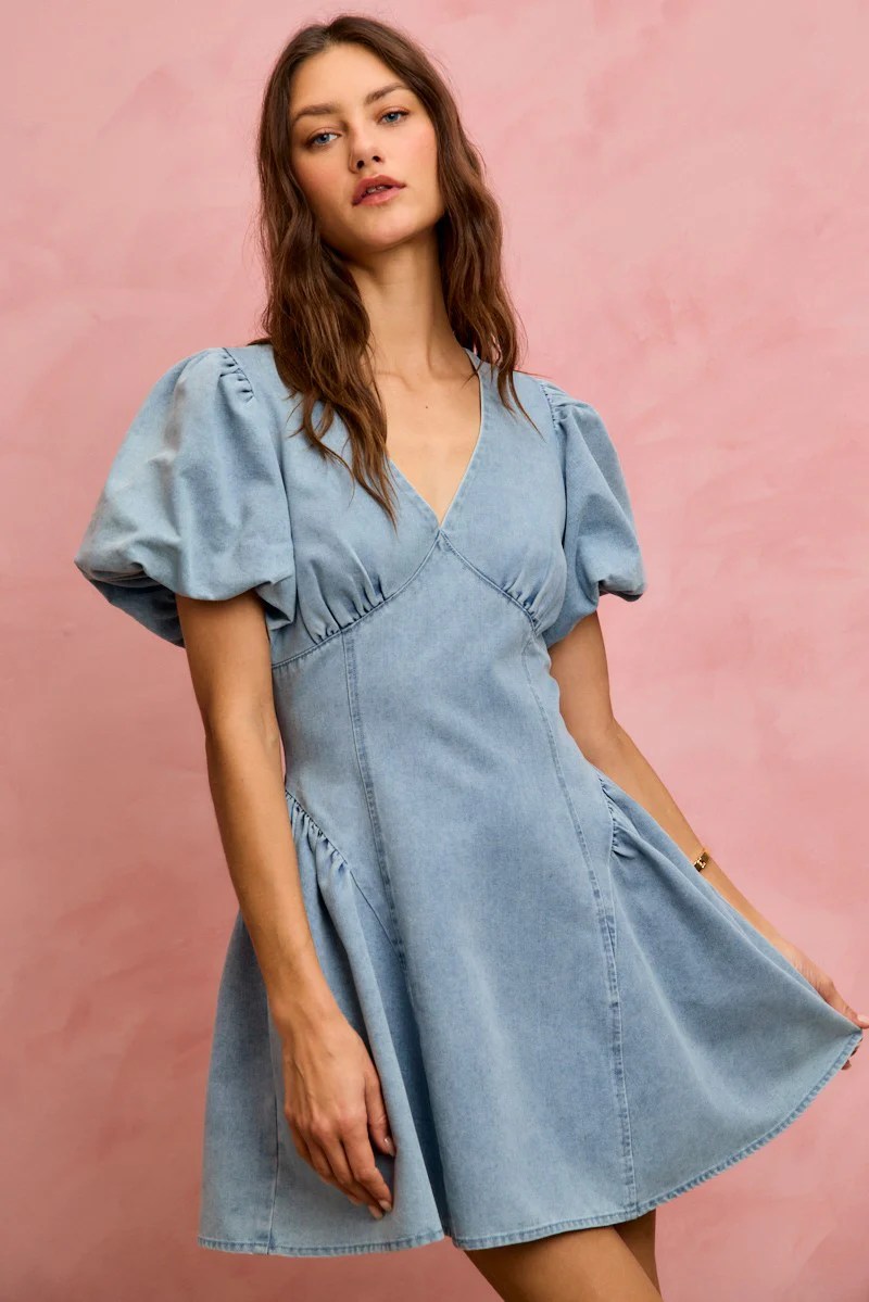SO ME Bubble Sleeves Denim Fit And Flare Mini Dress - Image 7
