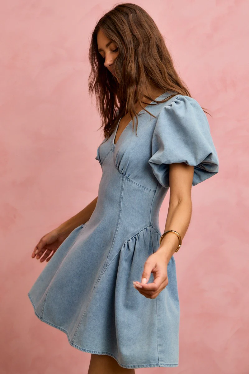 SO ME Bubble Sleeves Denim Fit And Flare Mini Dress - Image 8