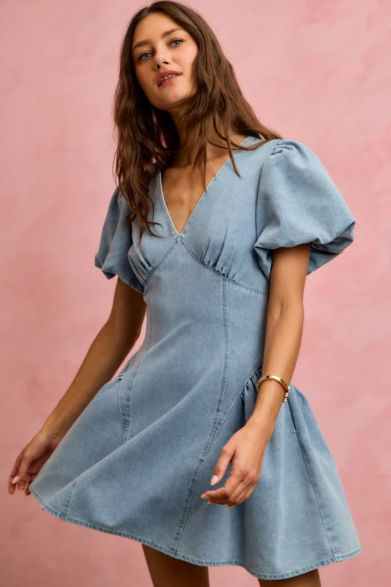 SO ME Bubble Sleeves Denim Fit And Flare Mini Dress - Image 9