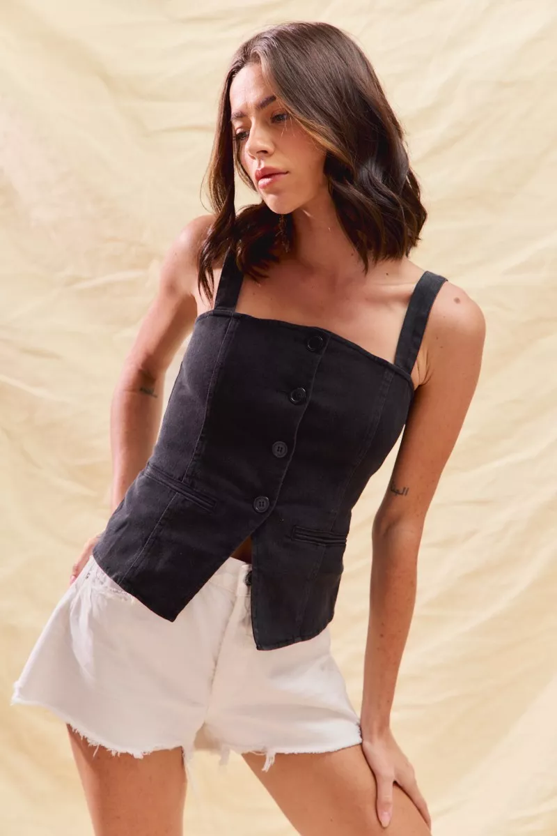 SO ME Button Down Sleeveless Game Day Fitted Denim Top - Image 3