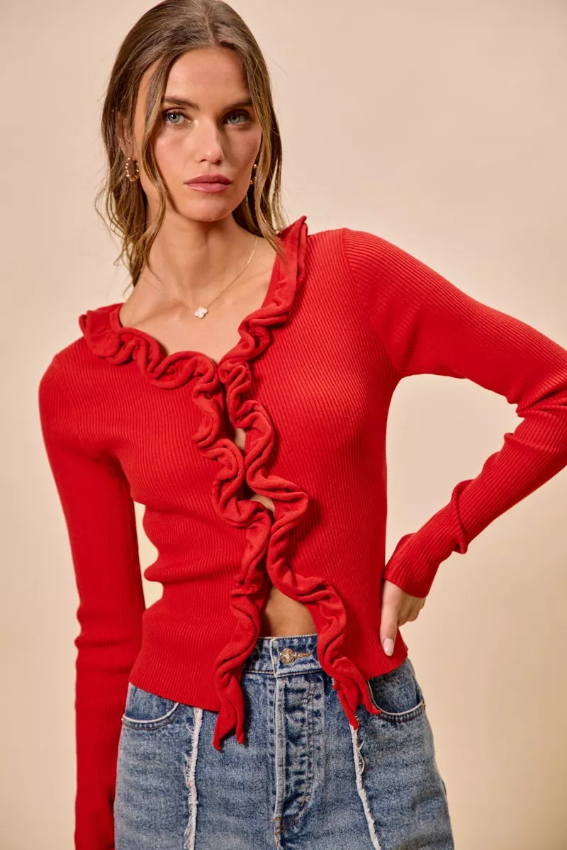 SO ME Cascade Ruffle Ribbed Sweater Cardgian - Image 13